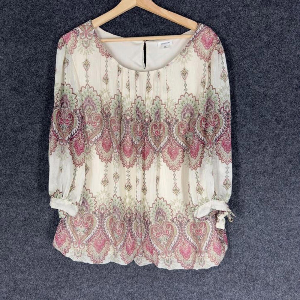 Westport Blouse Women 2X Plus Beige Geometric 3/4 Sleeve Round Neck Lined Casual